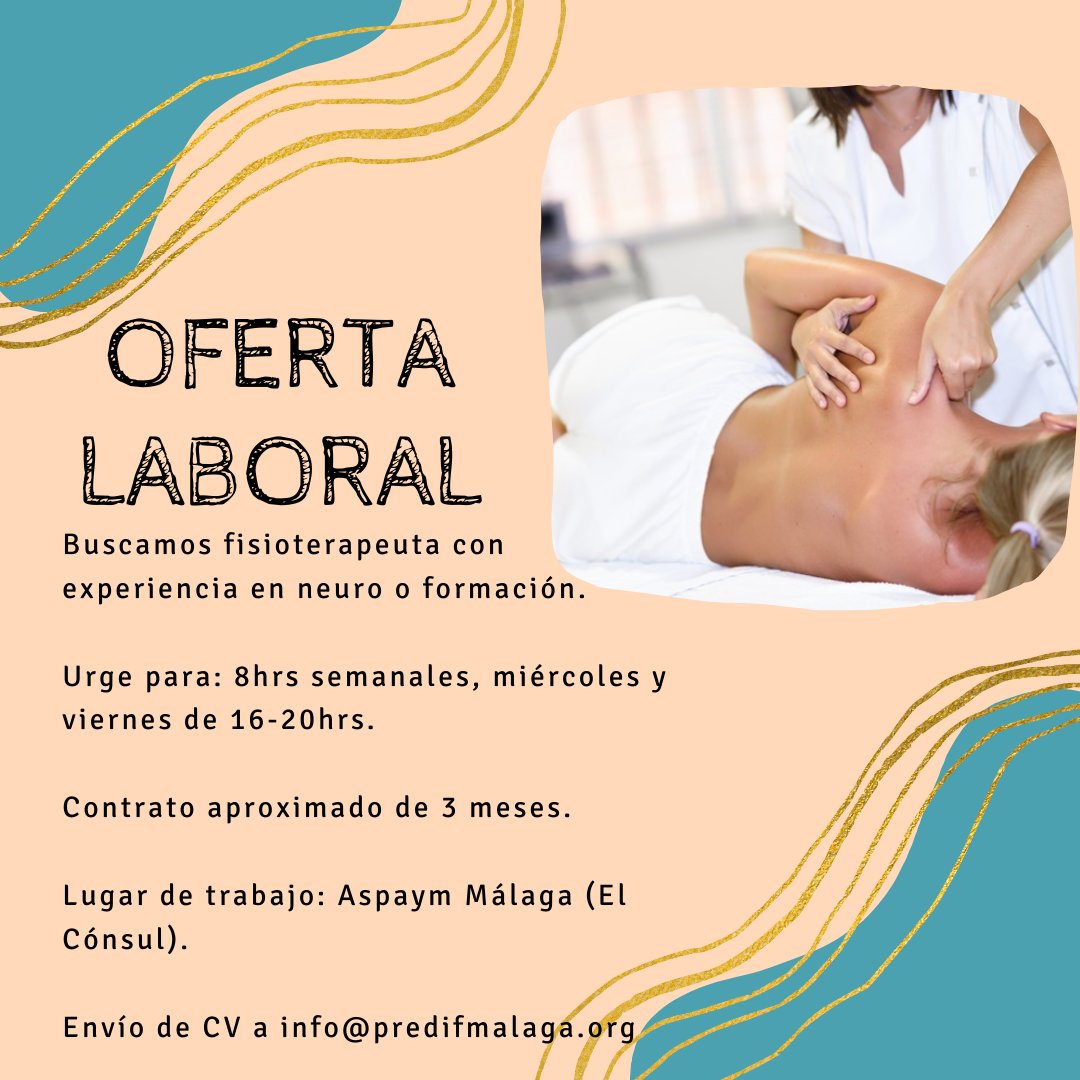 PredifM's tweet photo. ¡OFERTA LABORAL! 

Buscamos fisioterapeuta con experiencia en neuro o formación. 

Envío de CV a info@predifmalaga.org

#ofertalaboral #ofertatrabajomalaga #trabajomalaga #fisioterapeuta #fisio #predif https://t.co/eW1kN0dy7J