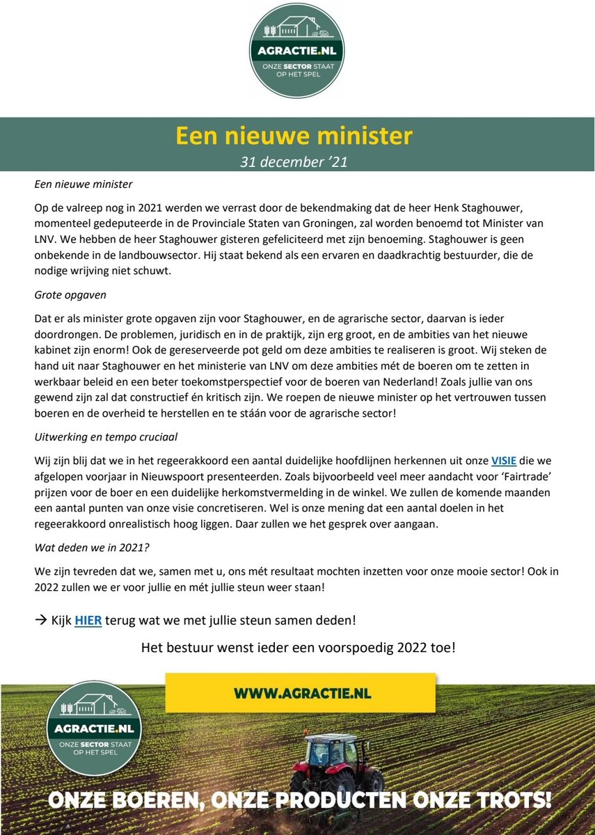 "...Wij roepen de nieuwe minister <a href="/Henkstaghouwer/">Henk Staghouwer</a> op om het vertrouwen tussen boeren en de overheid te herstellen en te stáán voor de agrarische sector!"