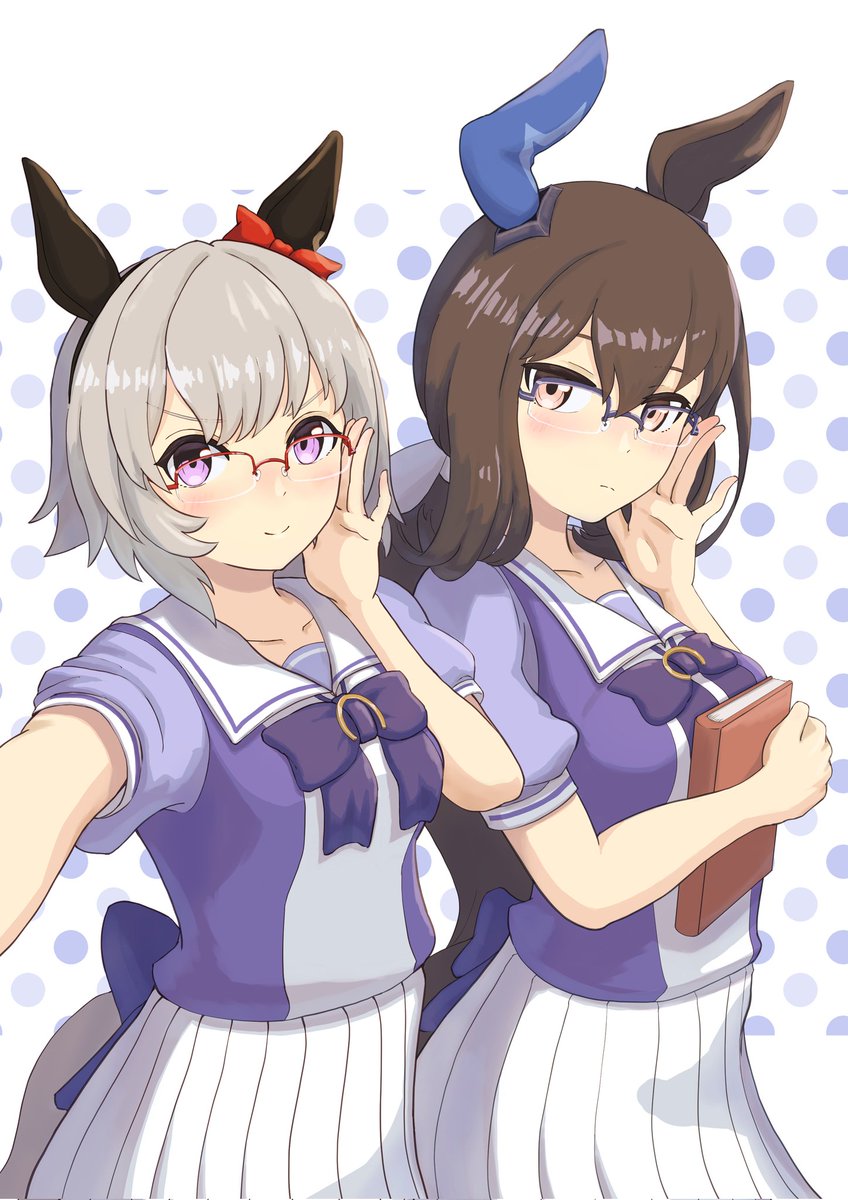 admire vega (umamusume) ,curren chan (umamusume) multiple girls 2girls animal ears horse ears school uniform glasses horse girl  illustration images