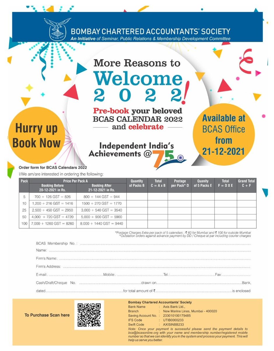bcasglobal's tweet photo. Welcoming the year 2022 in less than 12 hours๐ฅณ๐ฅณ
Lose no time and #book your #BCASCalendar 2022NOW!!
The importance of the #BCASCalendar has grown as it has become more important to keep track of deadlines #NEFT #75yearstoIndependence #2022planning #newyear2022 #75years https://t.co/TBsZOOZlj4