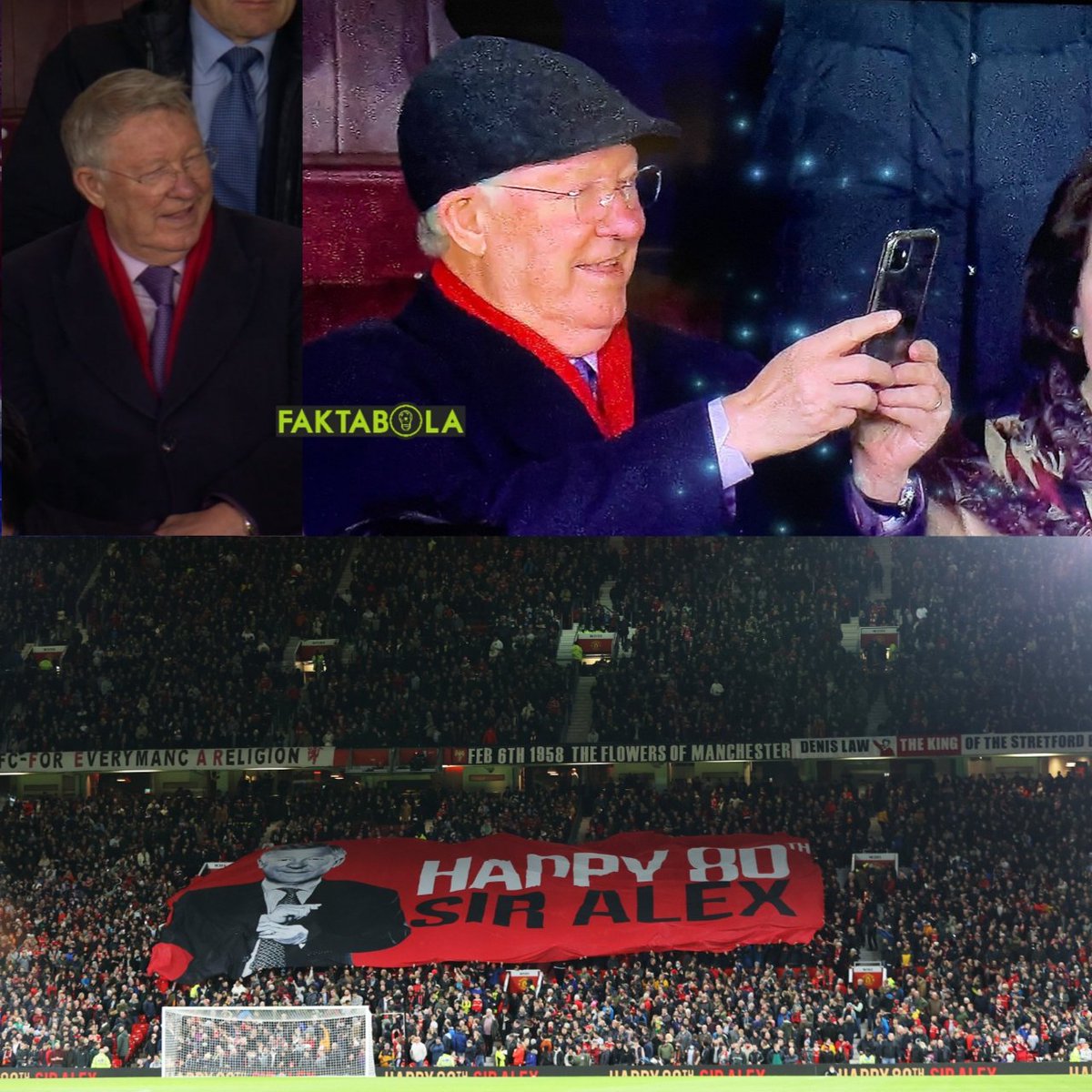 FaktaSepakbola's tweet photo. Kemarin Sir Alex Ferguson berulang tahun yang ke-80, dan ia hadir langsung di tribun Old Trafford untuk menyaksikan laga MU vs Burnley

Supporter MU memberikan SAF "surprise", berupa banner ucapan ultah. SAF terlihat bahagia &amp; langsung mengambil HP untuk mengabadikan momen itu 😍 https://t.co/cOrtilnsnL