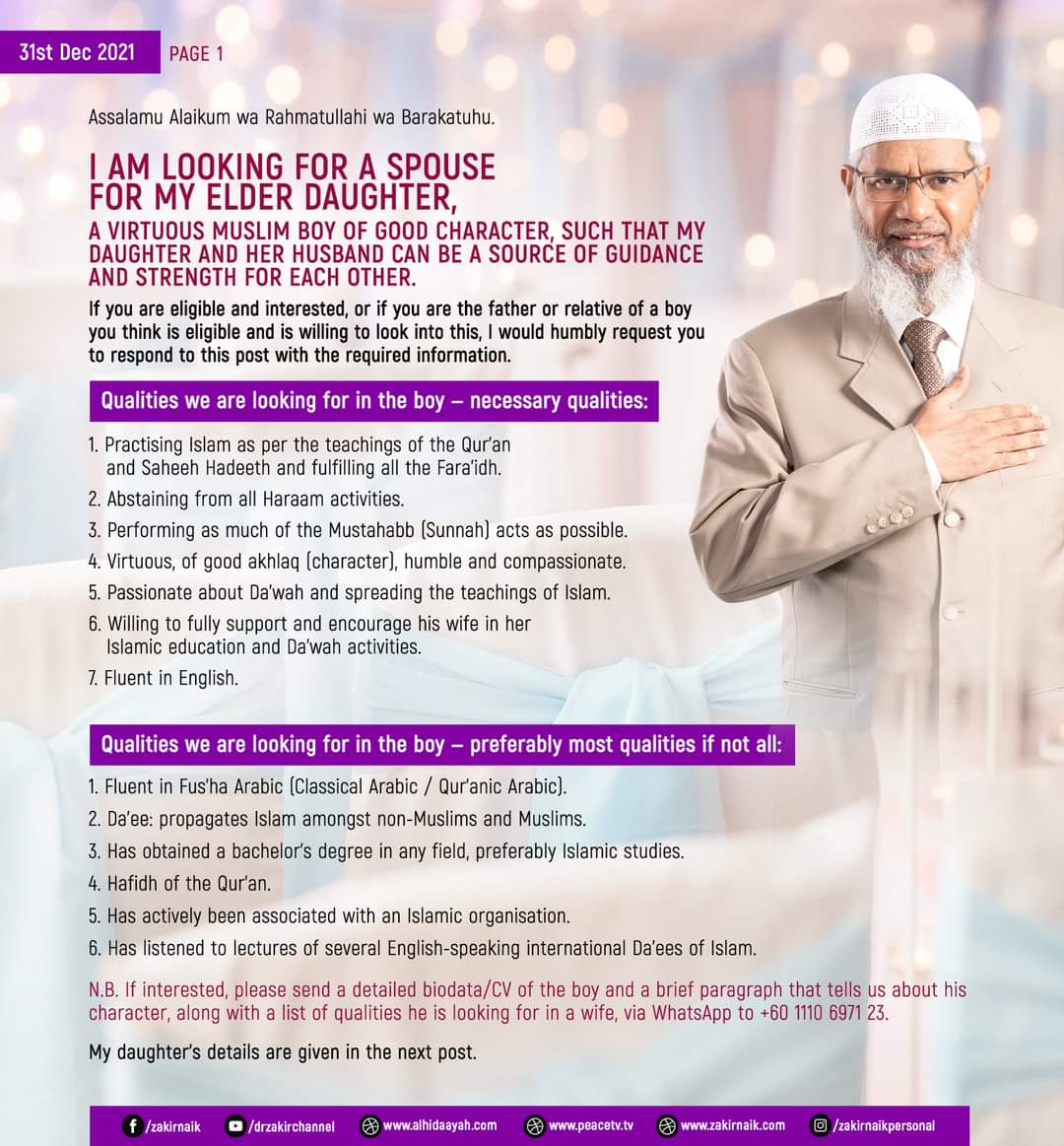 drzakiranaik's tweet photo. Assalamu Alaikum wa Rahmatullahi wa Barakatuhu.

I am looking for a spouse for my elder daughter, a virtuous Muslim boy of good character, such that my daughter and her husband can be a source of guidance and strength for each other... https://t.co/Aselhkdpwi