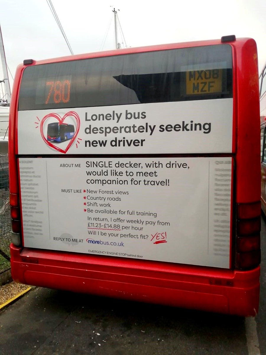 Lonely single decker bus desperately seeking new driver. WLTM new bus drivers who like country roads and scenic views. We love this cheeky campaign from <a href="/Morebusco/">morebus</a> to recruit more bus drivers.