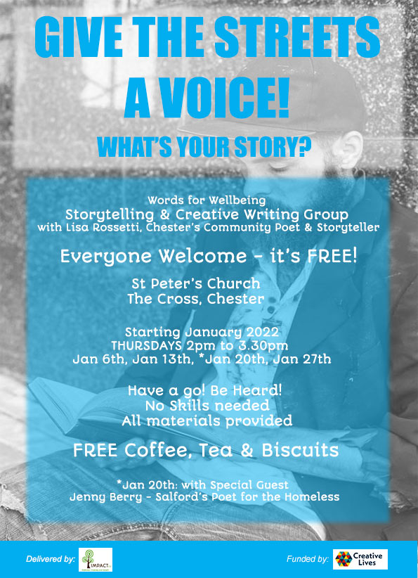 impactcic's tweet photo. EXCITED to be launching our FREE creative writing/storytellingprogramme for homeless &amp; vulnerable folk in Chester - Thursday 6 Jan, 2pm @chesterstpeter . PLEASE encourage our homeless community to join in! @CreativeLivesCL @forfutures_ @spiderchester @soul_chester @lisarossetti https://t.co/x6n3pUF1Yq