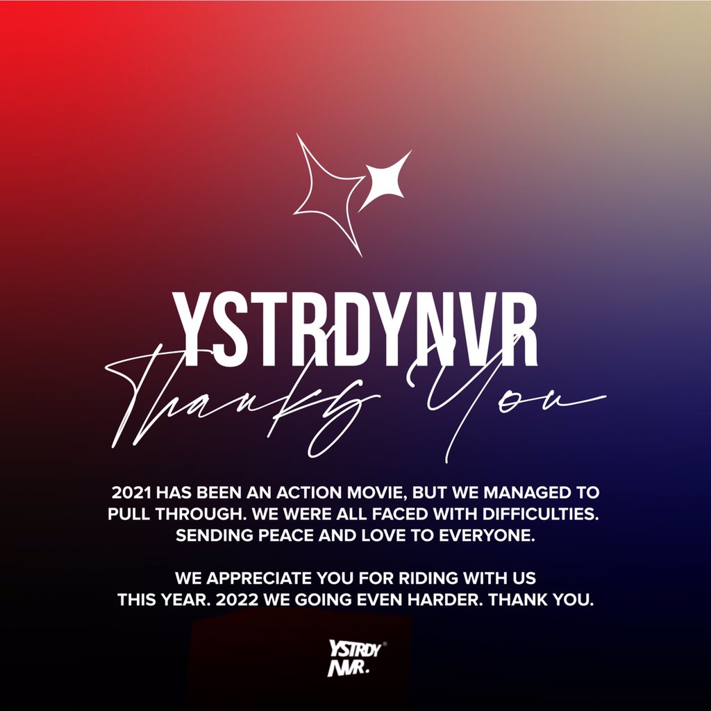 ystrdynvr's tweet photo. DAY 365 of 365. ❤️
________

We would like to take this moment to thank everyone that stood by our side since the beginning of this year, cheers to more amazing times with you all. 2022 it’s on!
________

#ystrdynvr #ystrdynvrtotheworld #ystrdynvrwishes #december31st https://t.co/DVvq4cDkKv