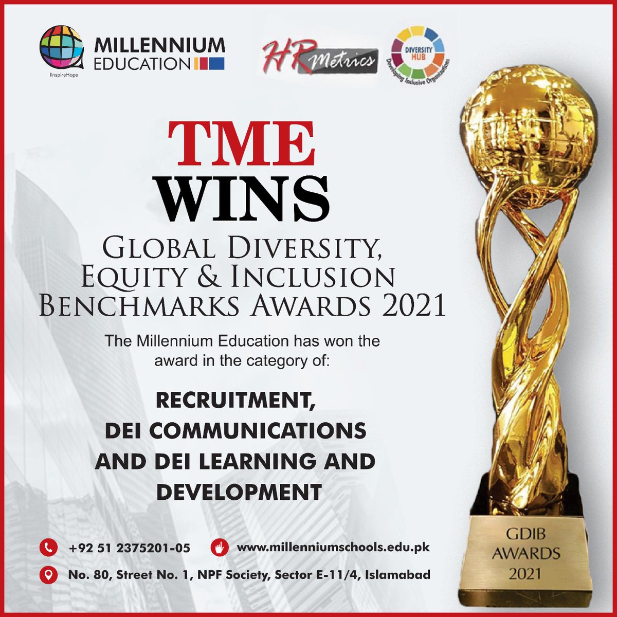 TME_Pakistan's tweet photo. CONGRATULATIONS: The Millennium Education wins Global Diversity, Equity, and Inclusion Benchmarks for the year 2021. @TME_Pakistan has won the award in the category of Recruitment, DEI Communications and DEI Learning and Development.
#GDIB #diversity #DHORD #TME #FWS https://t.co/eecvKhVfT4