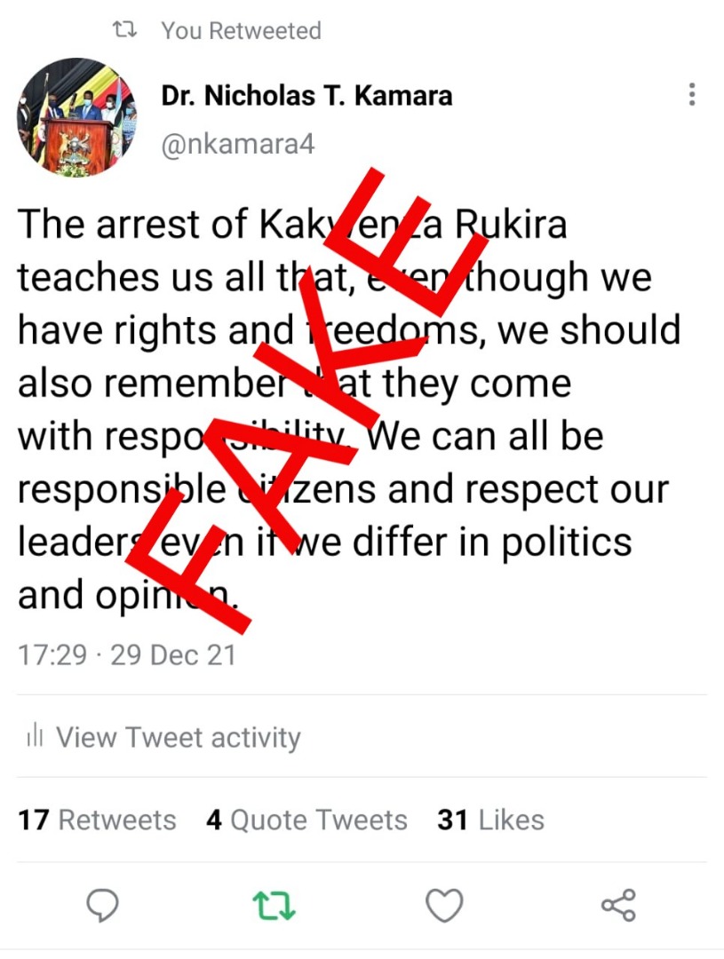 This fabricated tweet is an attempt to justify the regime’s impunity. The violent unlawful arrest, denied access to family, doctors & lawyers, detention beyond the 48hrs of @KakwenzaRukira is repugnant. I strongly condemn this cowardly and vile act of injustice! #FreeKakwenza