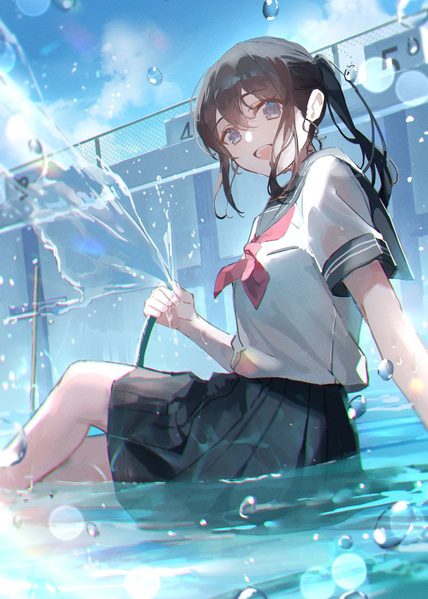1girl solo hose skirt school uniform serafuku ponytail  illustration images