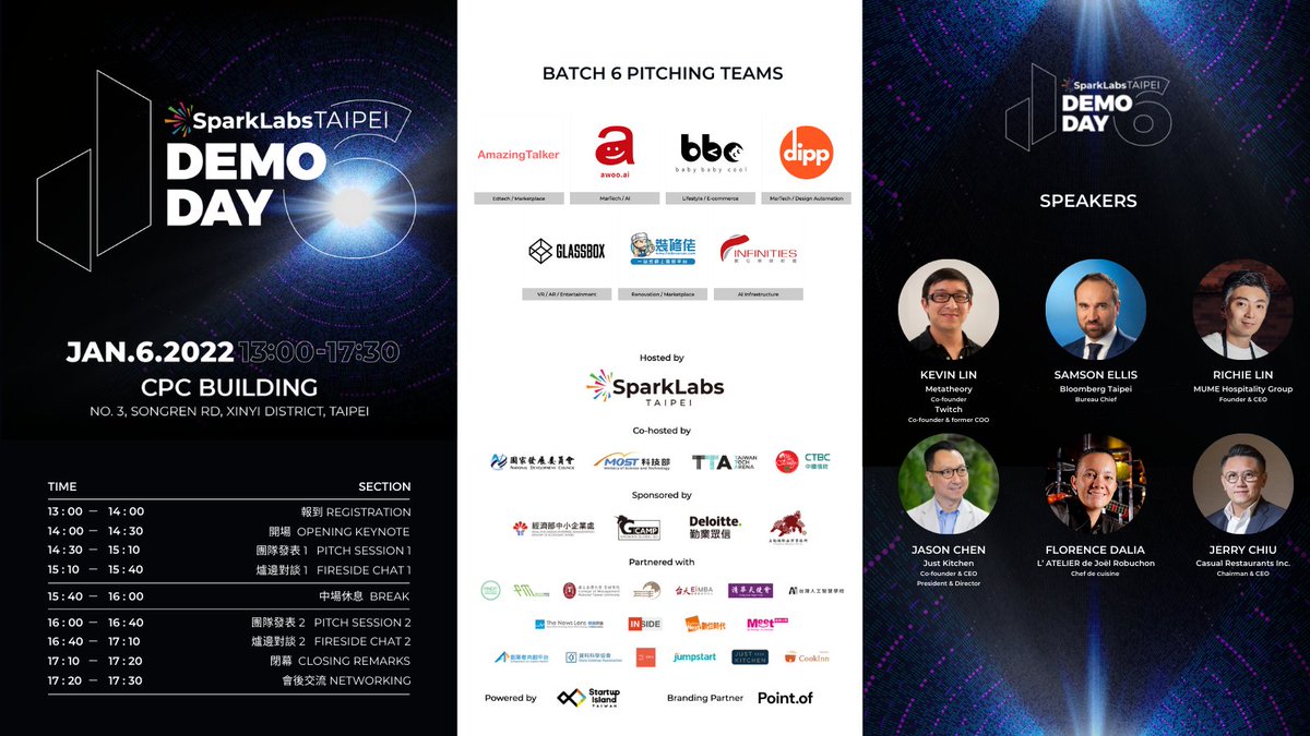 🌟 <a href="/SparkLabsTaipei/">SparkLabs Taiwan</a>, one of the most active early-stage investors in Taiwan
📅 Register today to join us on DemoDay 6 and see some of Taiwan's most innovative startups share their vision to change the world 
 👉 Get your ticket now lihi1.com/hjmVU
#startups #demoday