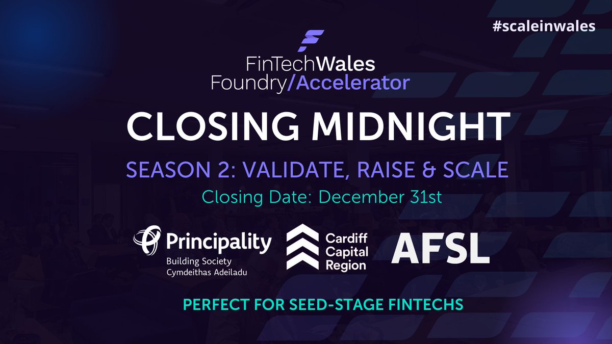 WalesFintech's tweet photo. 📢 APPLICATIONS CLOSE AT MIDNIGHT! 📢
Make your #newyear mission to successfully validate, raise and scale your #startup by applying today for the #FinTech #Wales Foundry Season 2. 🙌

Apply for Season 2 before applications close at midnight - https://t.co/yQT9ezaF4S https://t.co/rKDQTzEB4X