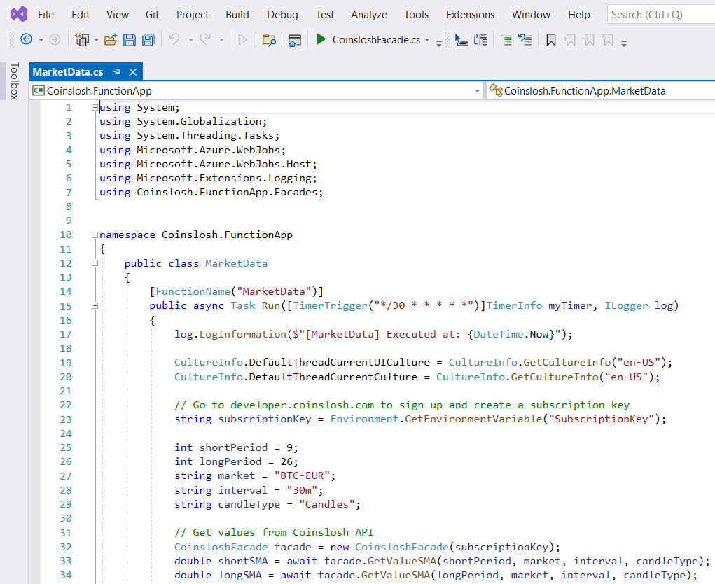 Created an #Azure Function sample in .NET 6 and Visual Studio 2022 on #GitHub that uses the SMA #Crypto #API from Coinslosh to detect a Golden Cross for #Bitcoin  github.com/TGroenendijk/U…   #dotNET6 #VS2022 #VisualStudio #AzureFunctions