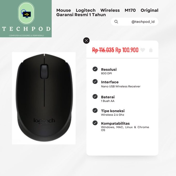 TechPod_id's tweet image. Mouse Logitech Wireless M170 Original Garansi Resmi 1 Tahun

Barang Asli, Baru, dan Bergaransi Resmi (Gratis kalo tidak Original)
Packaging Aman dan Rapih.
Pengiriman Cepat, Upload Resi Cepat.