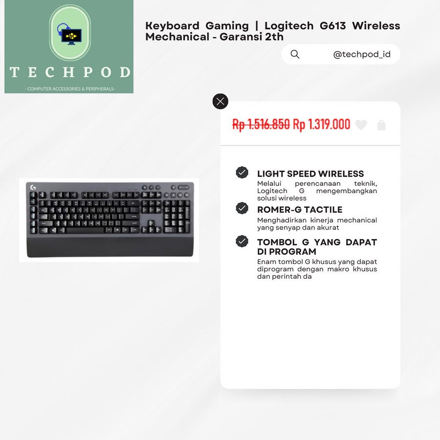 TechPod_id's tweet image. Keyboard Gaming | Logitech G613 Wireless Mechanical

Barang Asli, Baru, dan Bergaransi Resmi (Gratis kalo tidak Original)
Packaging Aman dan Rapih.
Pengiriman Cepat, Upload Resi Cepat.