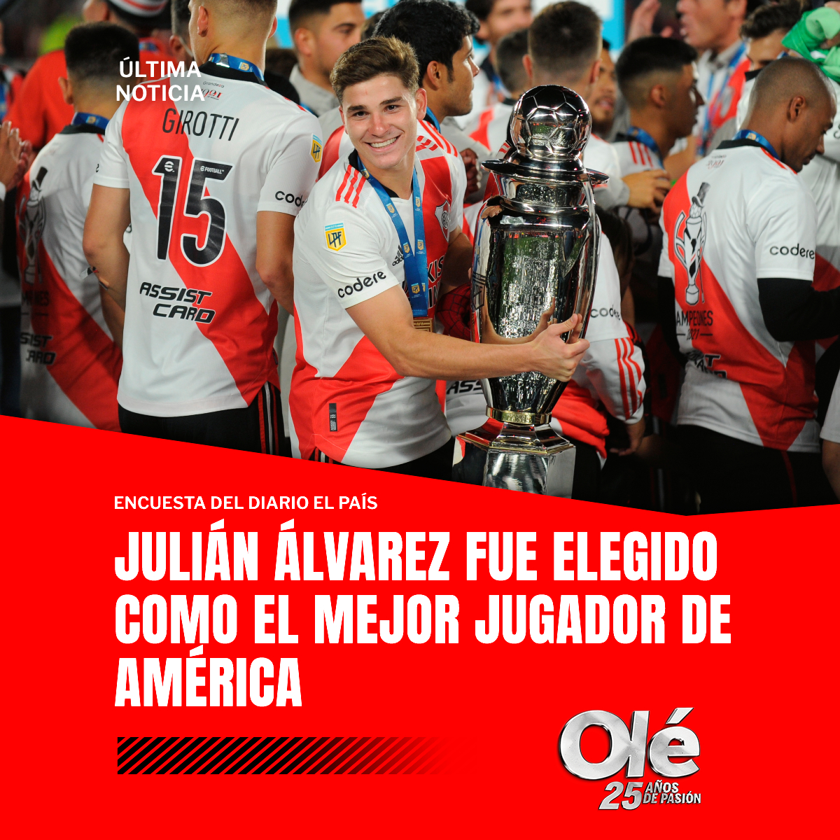 DiarioOle's tweet image. 🏆⭐️ Julián Álvarez fue elegido como el mejor jugador de América en la histórica encuesta del prestigioso diario uruguayo El País

📊🔎 El 28% de los periodistas especializados que participaron del muestreo votaron por la Araña

🆚 Superó a Gabigol, Gustavo Gómez, y De Arrascaeta