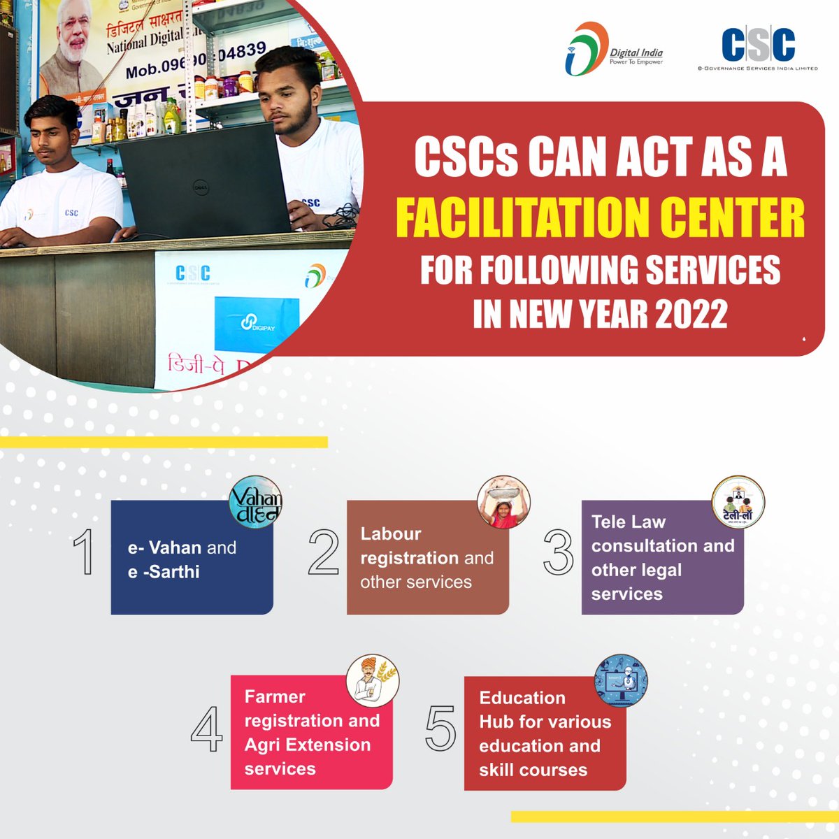 Great News!! CSCs CAN ACT AS A FACILITATION CENTER FOR FOLLOWING SERVICES IN NEW YEAR 2022... #CSC #DigitalIndia #RuralEmpowerment #HappyNewYear #FridayMotivation #FridayFeeling #HappyNewYear2022