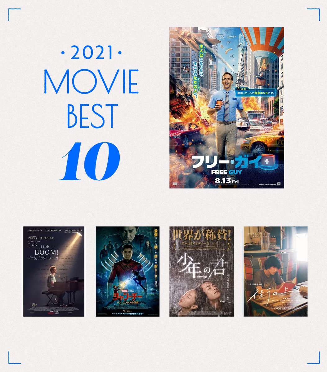 toru724's tweet photo. #2021年映画ベスト
#2021年映画ベスト10
来年も素晴らしい映画と出会えますように！🙏

フリーガイ
tick, tick...BOOM!
シャン・チー
少年の君
街の上で
まともじゃないのは君も一緒
花束みたいな恋をした
ファーザー
クルエラ
すばらしき世界

劇場鑑賞本数: 124本 https://t.co/6pYdwn7sH5