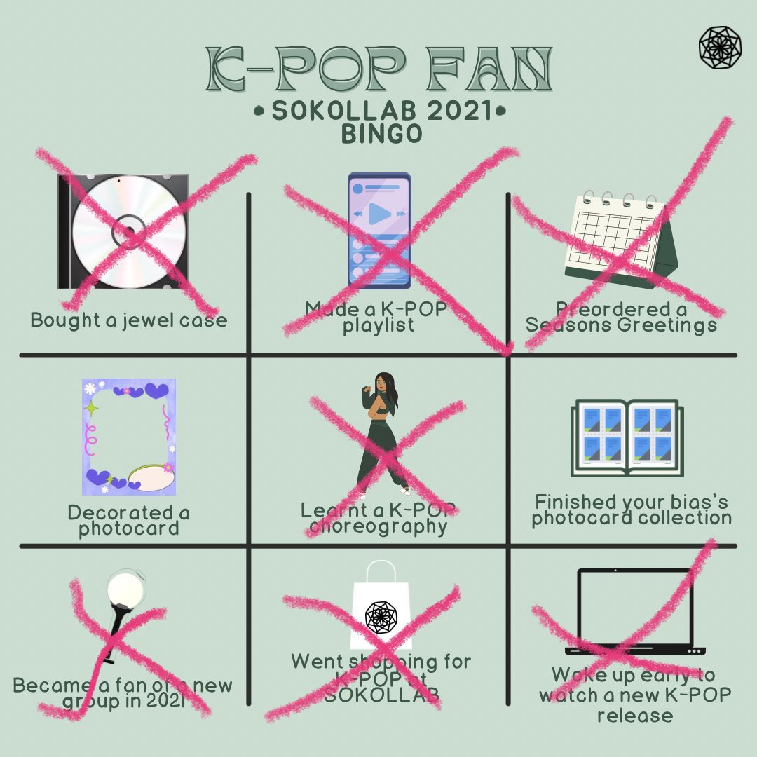 nonottoday2000's tweet photo. @sokollab kpop bingo. Three lines. So close to a full house. https://t.co/m0YLESHFT9
