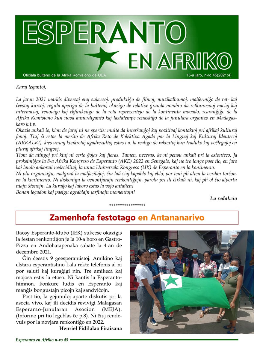 AfrikoEn's tweet photo. La 45-a numero de la revuo “Esperanto en Afriko" pretas. 
Ĝi legeblas aŭ elŝuteblas per https://t.co/dwv1SjxMz0
Belan jarŝanĝon kaj feliĉan novjaron! https://t.co/YAq1kmpNrj