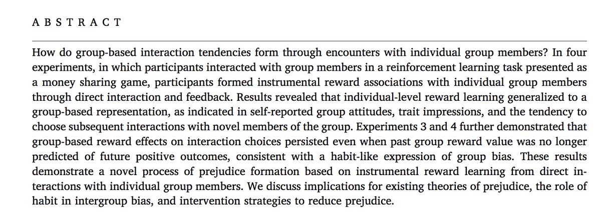 Leor Hackel (@leorhackel) on Twitter photo In work now in press, we find that people generalize reward associations from individuals to groups--and this influences their interaction choices even when past rewards no longer predict future outcomes.
w/ Drew Kogon, <a href="/david_m_amodio/">David Amodio</a>, & <a href="/ProfWendyWood/">Wendy Wood</a>:
hackellab.org/groups-jesp In work now in press, we find that people generalize reward associations from individuals to groups--and this influences their interaction choices even when past rewards no longer predict future outcomes.
w/ Drew Kogon, <a href="/david_m_amodio/">David Amodio</a>, & <a href="/ProfWendyWood/">Wendy Wood</a>:
hackellab.org/groups-jesp