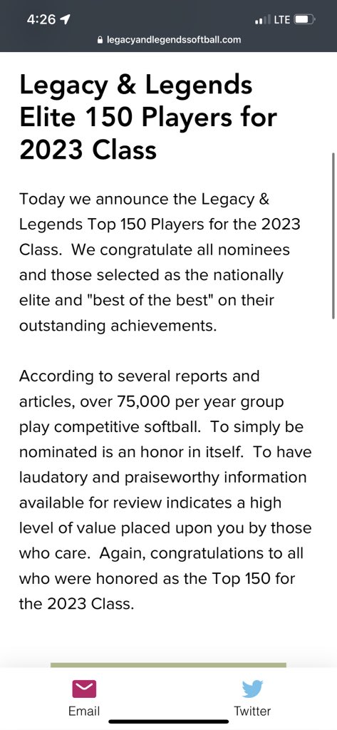 KinleyWilkins's tweet photo. I’m so thankful for not only being nominated for this honor but being ranked at #109 in the nation for the class of 2023 by @LegacyLegendsS1!! #grateful #softball @topgunfastpitch @TGA_Nat16u_BW @TGF_16_National https://t.co/8LtXw68bYb
