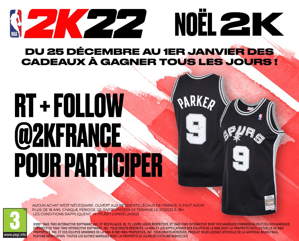 2KFrance's tweet photo. Concours #Noël2K !
🎉 31 décembre  🎊
Suivez @2KFrance + RT ce tweet pour tenter de gagner un maillot des Spurs dédicacé par Tony Parker ! 🇫🇷🏀

TAS le 03/01 à 18h. 
Règlement : https://t.co/5WwqQc3WhG https://t.co/lksnAiitRQ