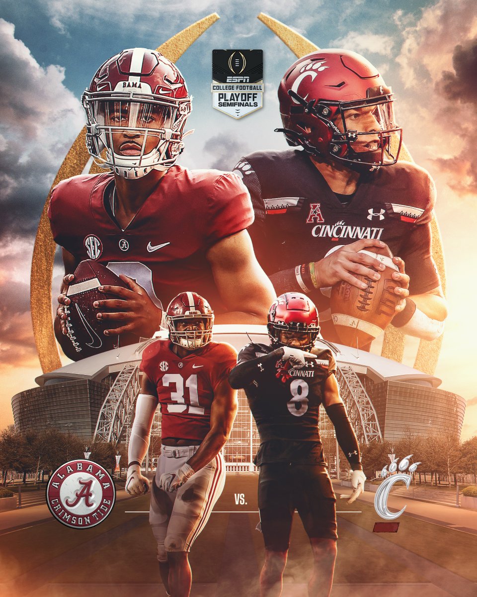 SportsCenter's tweet photo. The dynasty meets the underdog 🔥

No. 1 @AlabamaFTBL vs. No. 4 @GoBearcatsFB 

📺 3:30 PM ET | #CFBPlayoff https://t.co/ya5WY042AX