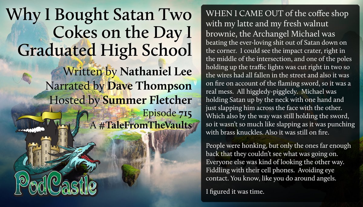 PodCastle_org's tweet photo. #pc715 WHY I BOUGHT SATAN TWO COKES ON THE DAY I GRADUATED HIGH SCHOOL by @Scattercat, narrated by @krylyr. A #TaleFromTheVaults selected--and for the last time, hosted--by @scribblesassin.
Rated R. Originally published in Unidentified Funny Objects 3 (ed. @AShvartsman) https://t.co/Hg4u2hbS17
