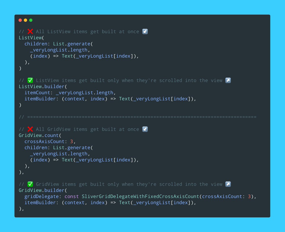 roaakdm's tweet image. #Flutter performance tip: for long lists, use the builder() constructor with your ListView or GridView widgets. This way your list/grid items will only be built on-demand as they are scrolled into view 🔥↗️
#FlutterTip #FlutterDev #FlutterPerformance