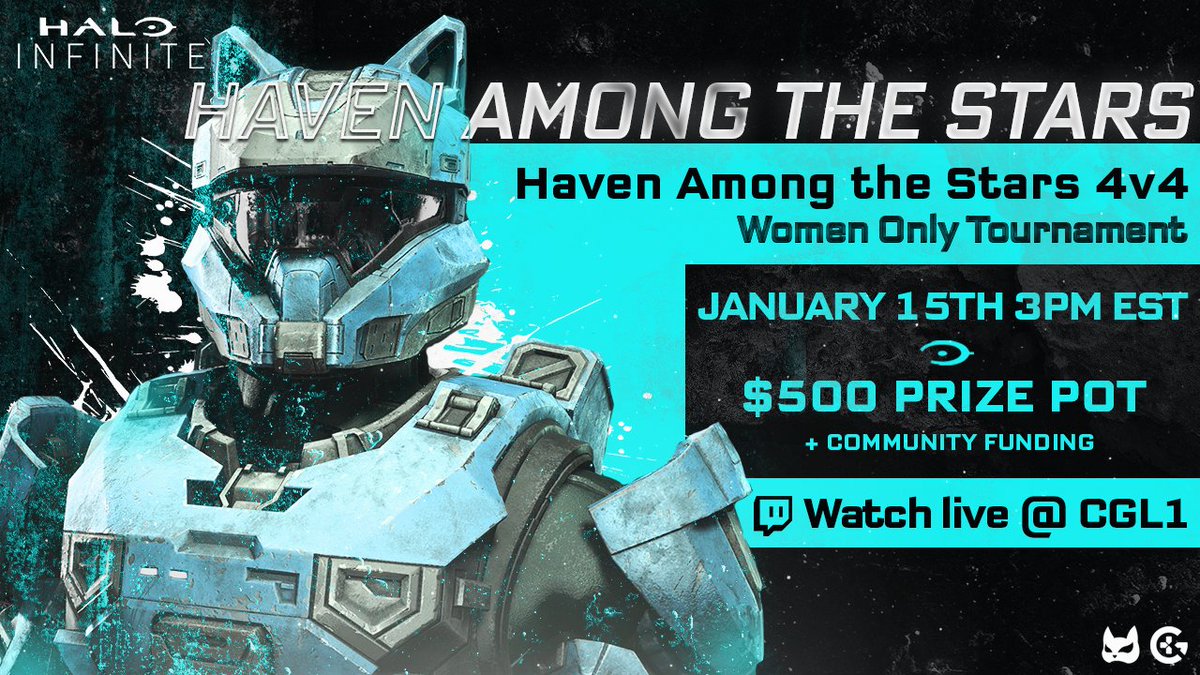 We are so excited to announce our first Women's only #HaloInfinite  4v4 tournament Haven Among the Stars! Sign ups are now live! 💙

📅SAT Jan 15, 2022
💰$500 + matcherino pot matcherino.com/tournaments/64…
📺twitch.tv/CGL1
✍️consolegamingleague.com/halo