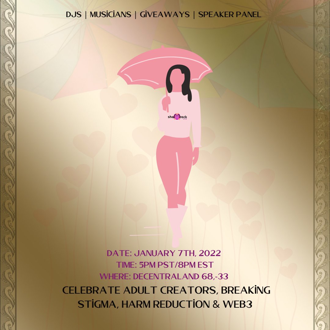 shamrocknft's tweet photo. The Umbrella Effect Hosted by Shamrock! Don't miss this! @decentraland 68, -33 Jan 7th! 5PM PST - 8PM EST
#creators #decentraland #onlyfans #sexualwellness #sexpositive #adultnfts #nftxxx #cryptomodels https://t.co/NFUedEgPUQ