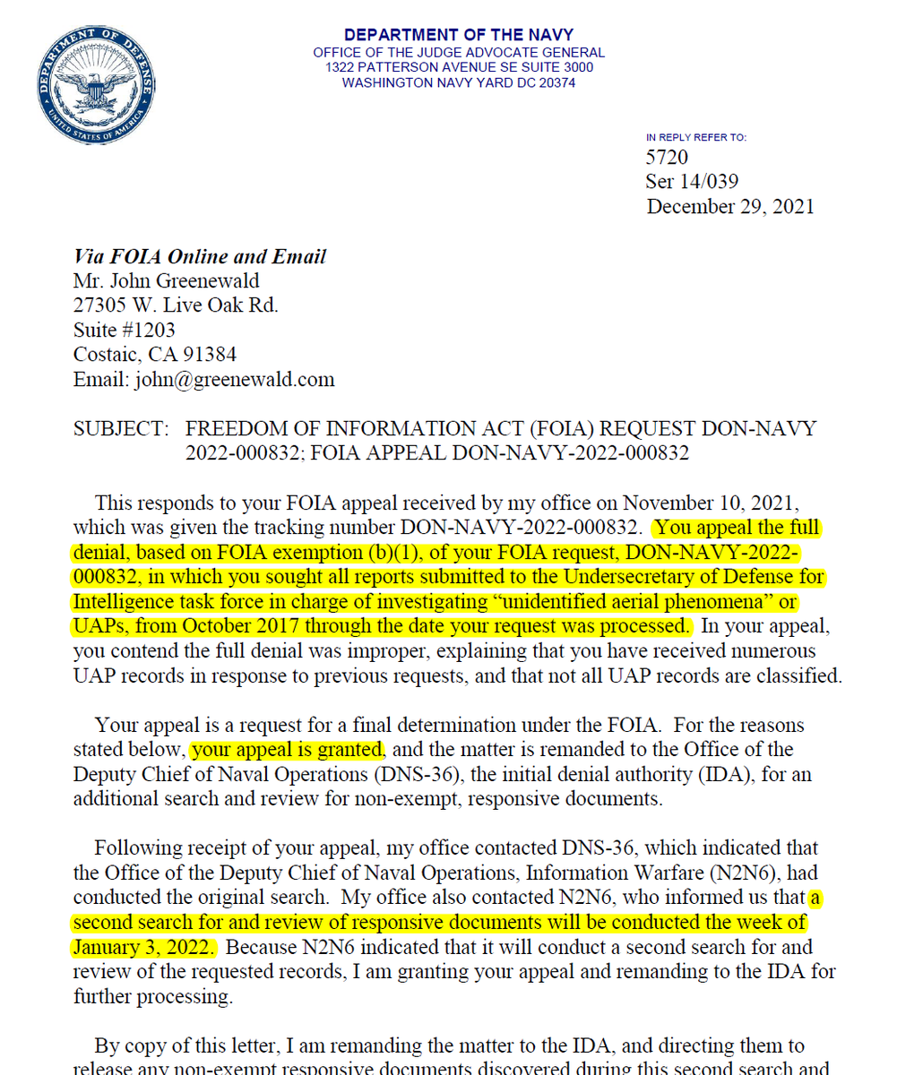 theblackvault's tweet photo. This is a huge deal. Although not guaranteed to get anything yet, the Navy Office of the Judge Advocate General agreed with my #FOIA appeal that not all #UFO/#UAP cases should be denied to me based on national security.

Next week, the review starts again.

That's a huge win. https://t.co/r5yyWUNUeu