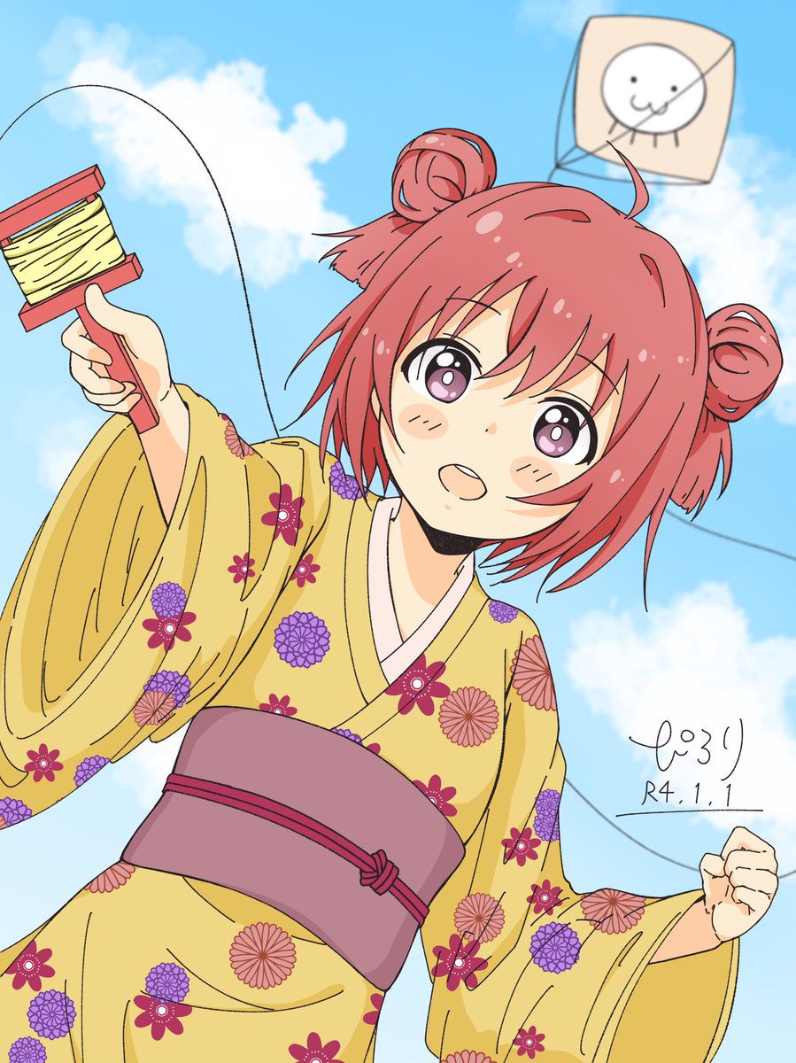 akaza akari 1girl hair bun double bun japanese clothes red hair kimono solo  illustration images