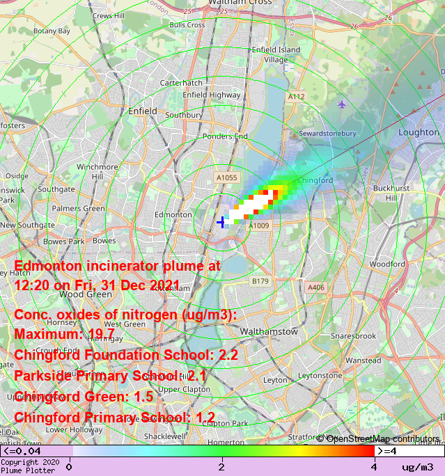 plumeplotter's tweet photo. Latest Edmonton incinerator plume plot, 12:20 31/12/21 #ChingfordGreen #Sewardstonebury #Chingford https://t.co/ue2w4O0AUu https://t.co/FM2P6x1wnA