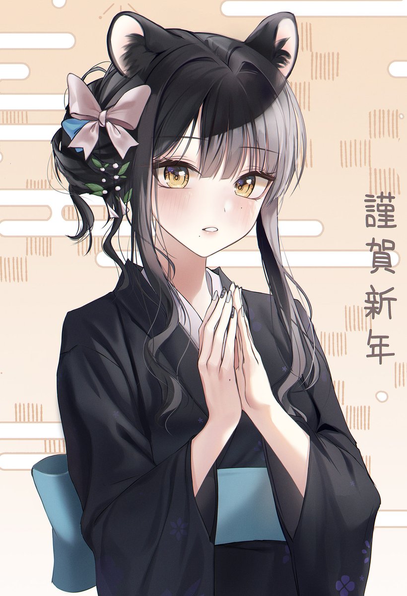 1girl japanese clothes solo animal ears kimono black kimono black hair  illustration images