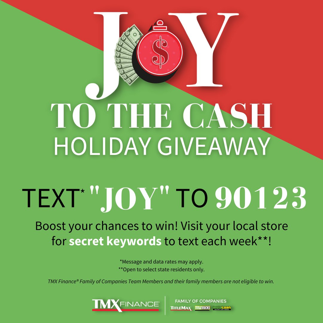 TODAY is the LAST DAY to enter our Joy to the Cash Holiday Giveaway! The drawing will take place in January 2022. Don’t miss out on the extra cash you may need after this holiday season! Visit or call your local store for more information! Official Rules: spr.ly/6019J4y5F
