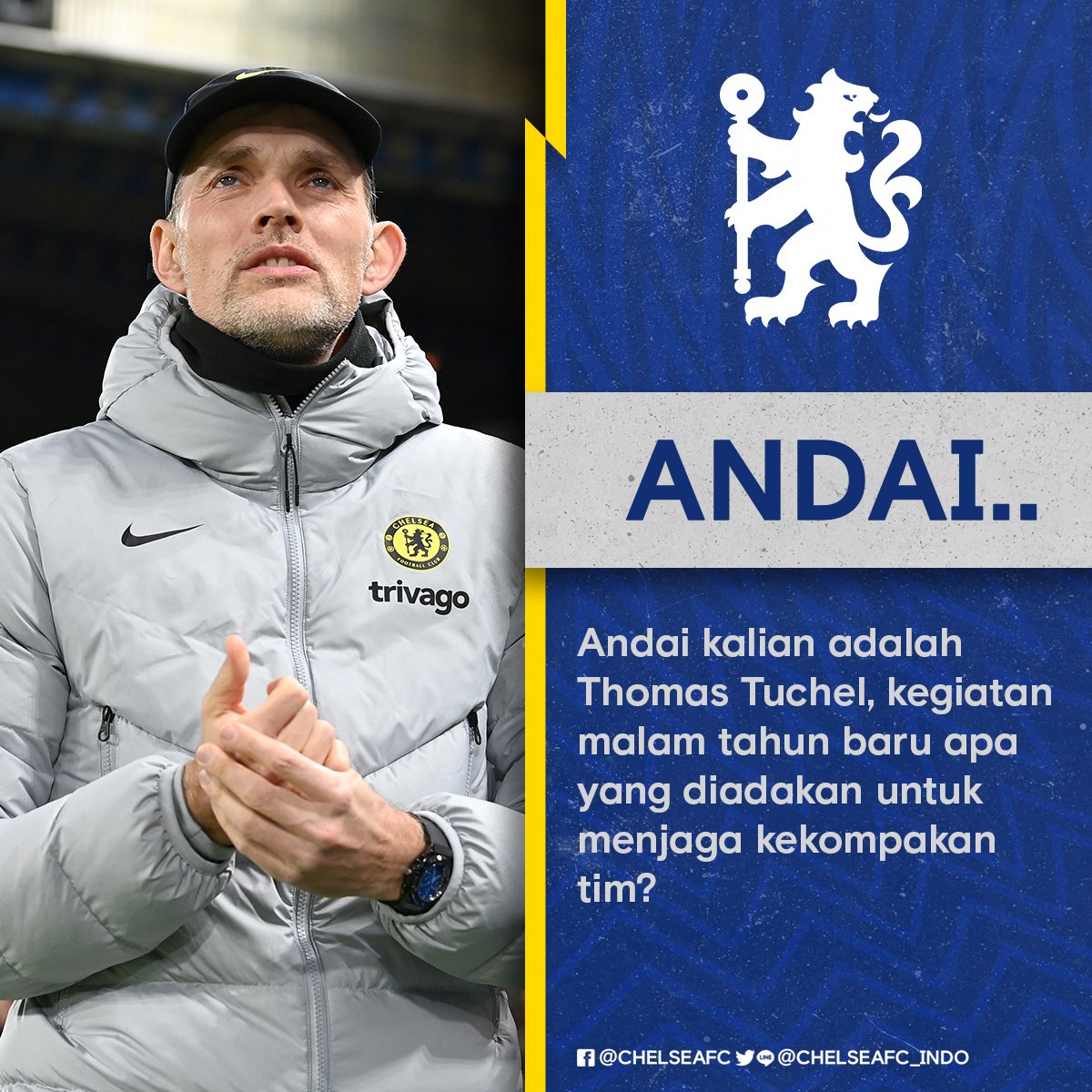 chelseafc_indo's tweet photo. Malam tahun baru biasa digunakan untuk berkumpul bersama. π₯³π₯
#Andaikan kalian jadi Thomas Tuchel...π§
#CFCIndo https://t.co/uA9b6eIlS0