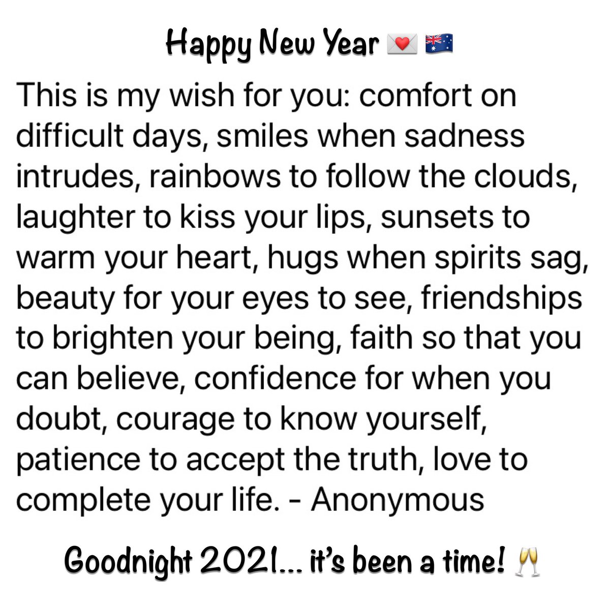crowdofone96's tweet photo. Happy New Year! 💌🇦🇺
I wish you all 🌎 good health, peace, love and happiness. Be kind and treat people with the respect they deserve. Remember, there is no practice life… take care of you! ❤️ “Laughter is timeless, imagination has no age, and dreams are forever.” - Walt Disney https://t.co/M4Pob9oN2v