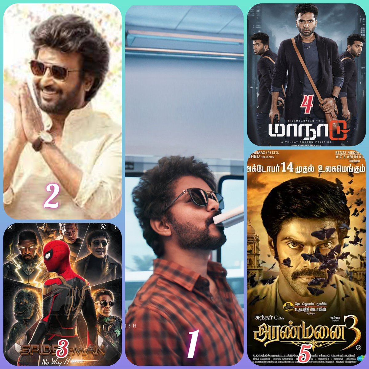 #SolamalaiCinemas Top05 of the year 2021

1. #Master ( Till Date High Footfalls) Waiting For #BeastMode
2. #Annaaththe (Diwali Commercial Hit)
3. #SpiderManNoWayHome
(Marvels Fans BB)
4. #Maanadu (Repeat BB)
5. #Aranmanai3 (Sequel Audience Hot)

We Miss Him #Doctor & #Karnan 😔