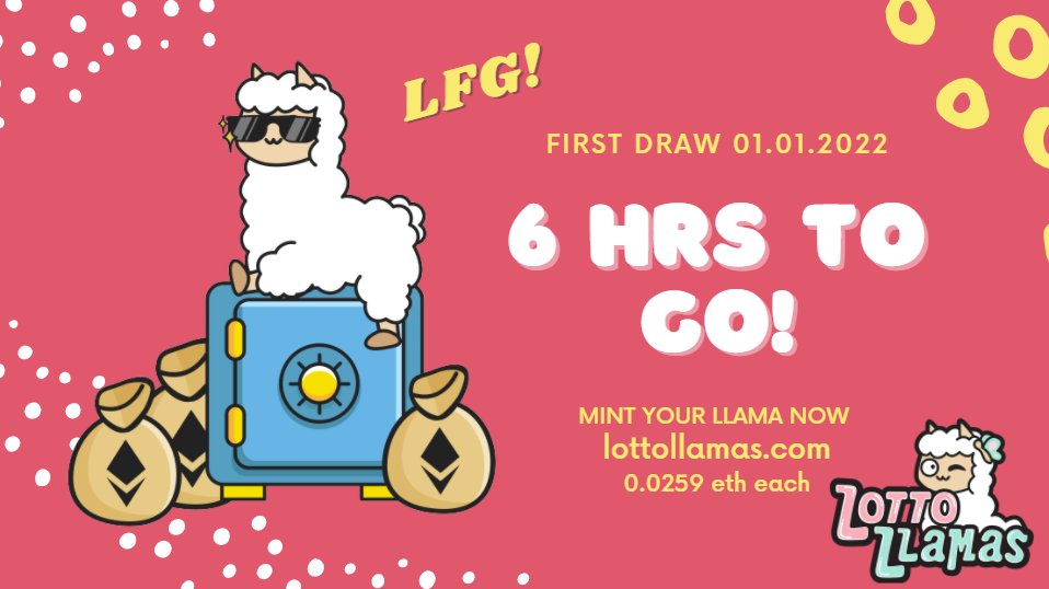 Only 6hrs to go until our first <a href="/LottoLlamas/">Lotto Llamas | minting now</a> draw! 💥🦙💥

Mint your Llama at : lottollamas.com

🍀 Good luck everyone 🍀