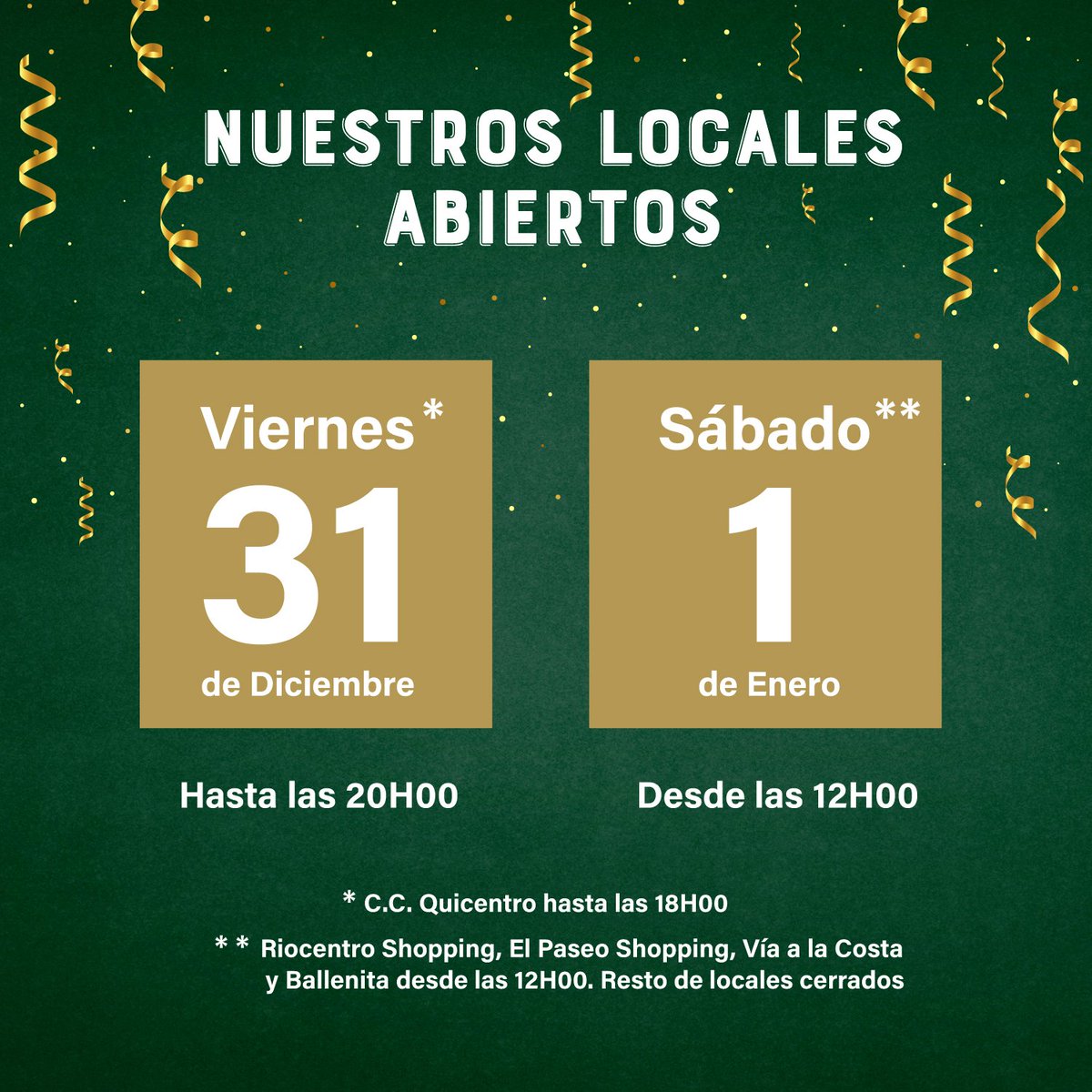RioStoreEC's tweet photo. Conoce nuestros horarios en este feriado 🎉 Te esperamos 🌟 https://t.co/fNQ9MpXbEf
