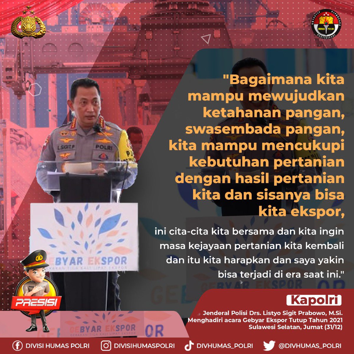 DivHumas_Polri's tweet photo. "Bagaimana kita mampu mewujudkan ketahanan pangan, swasembada pangan, kita mampu mencukupi kebutuhan pertanian dgn hasil pertanian kita &amp; sisanya bisa kita ekspor" https://t.co/VsAYjMBcpJ