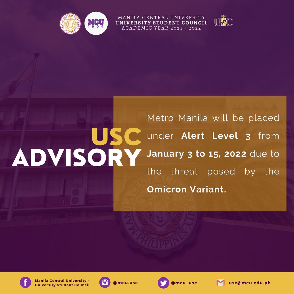 MCU_USC's tweet photo. USC ADVISORY 2021-007
RE: New Alert Level in Metro Manila
Please be guided accordingly.
#USCBreakingBarriers https://t.co/rRXPJwSVRk