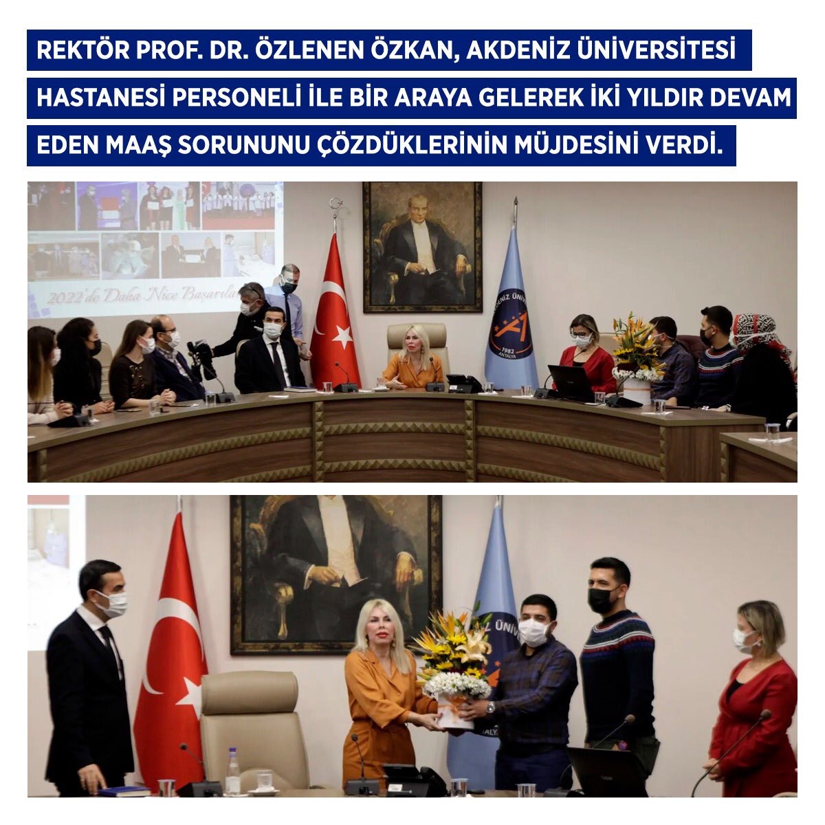 Akdenizun's tweet photo. Akdeniz Üniversitesi Rektörü Prof. Dr. Özlenen Özkan, Akdeniz Üniversitesi Hastanesi personeli ile bir araya gelerek iki yıldır devam eden maaş sorununu çözdüklerinin müjdesini verdi.
🔗https://t.co/iHqm5F9nQ2 https://t.co/cmh7tR1TTu