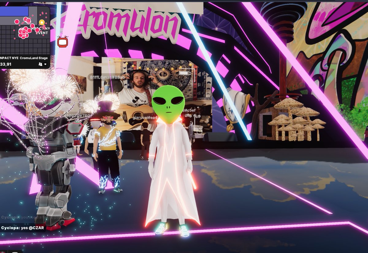 Alien enjoying music on NYE2022 in the metaverse ! @RadioAltcoin  <a href="/JoelJamesLive/">Joel James</a> #Decentraland #NYE 0x984C48852F92288Bd1AfD6FF5d9c26e3d0a9339A