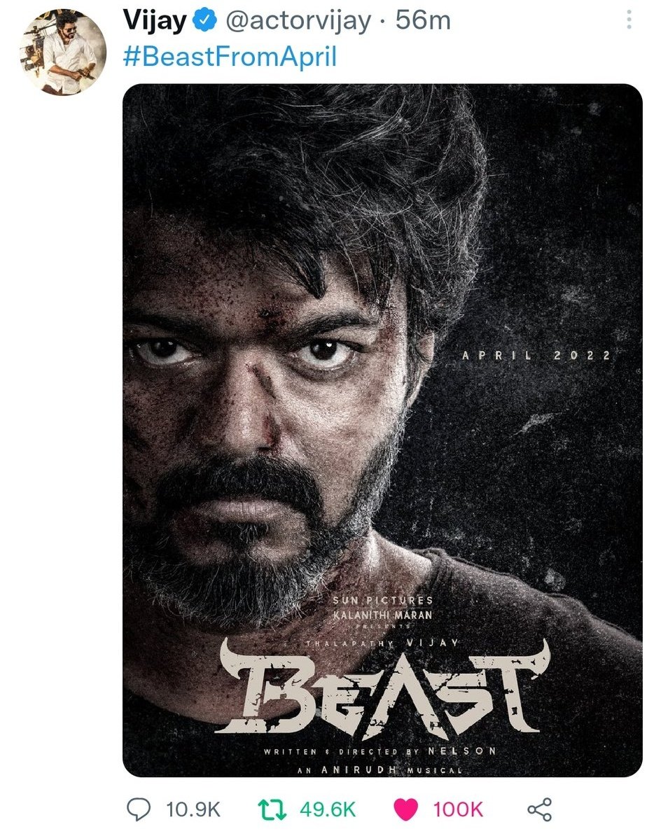 KVFC_Official's tweet photo. 56 Mins 100 K Likes for an unexpected tweet for @Actorvijay ! #Beast https://t.co/nper4lIcf9