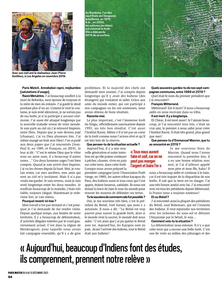 AssoForetVierge's tweet photo. Le célèbre journal français Paris Match a publié un article sur Raoni Metuktyre le 11 décembre 2021, suite à un interview avec le président d'honneur de l'AFV, Jean-Pierre Dutilleux.

English and Portuguese versions available on our website :
https://t.co/UGSFnPcawk https://t.co/YQxd8AuzqU