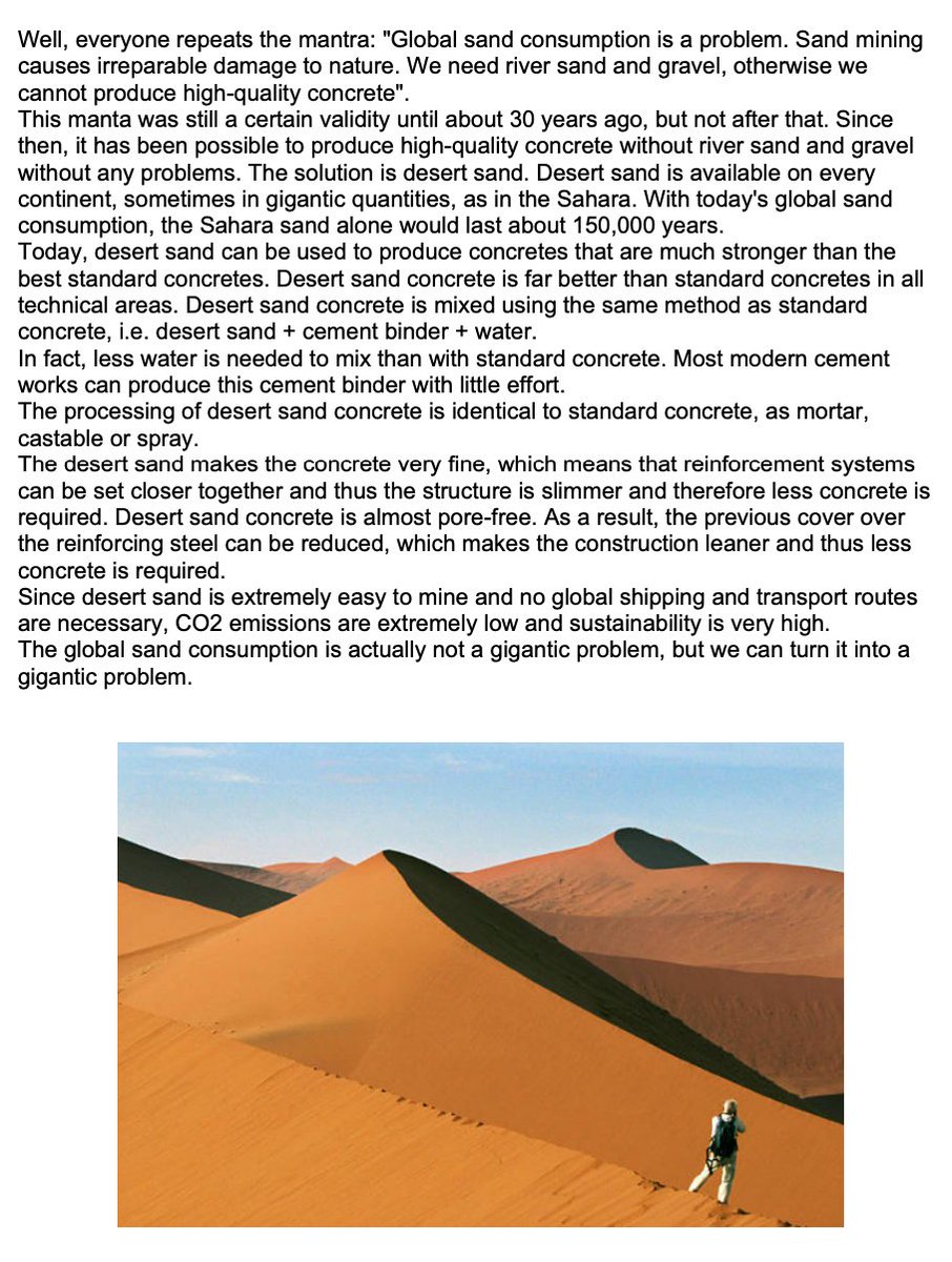 hhbc_consulting's tweet photo. Well, everyone repeats the Mantra: "Global sand consumption is a problem. Sand mining causes irreparable damage to nature. We need river sand and gravel, otherwise we cannot produce high-quality concrete".

#sandproblem #sand #desertsand #UHPC #concrete
#desertsandconcrete #All https://t.co/EVTcmED0BS