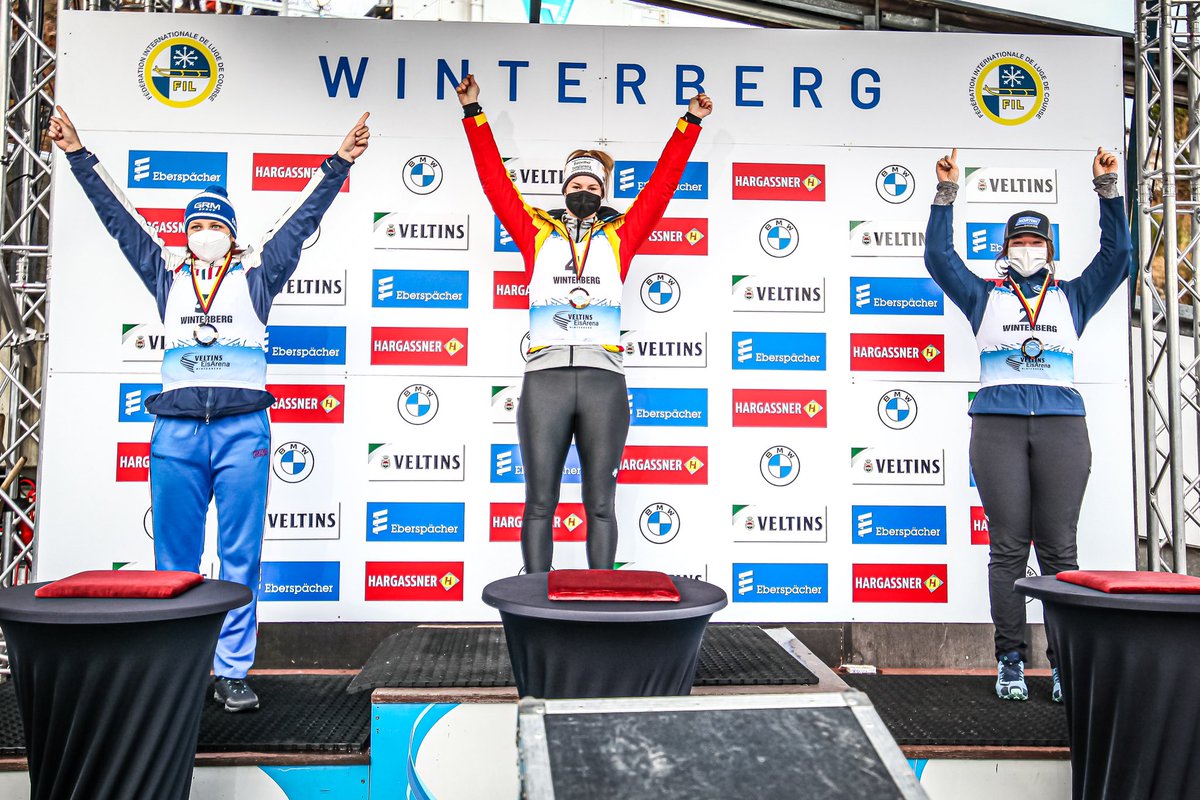USA_Luge's tweet photo. The #USALuge doubles team of @Mazdzer and @jterdimanUSA celebrate a second place result in today’s Nations Cup in warm Winterberg, while Ashley Farquharson (right) stepped onto the podium in third place among the women. Photos courtesy FIL/Galinovskis @FIL_Luge https://t.co/76XX0b94U2