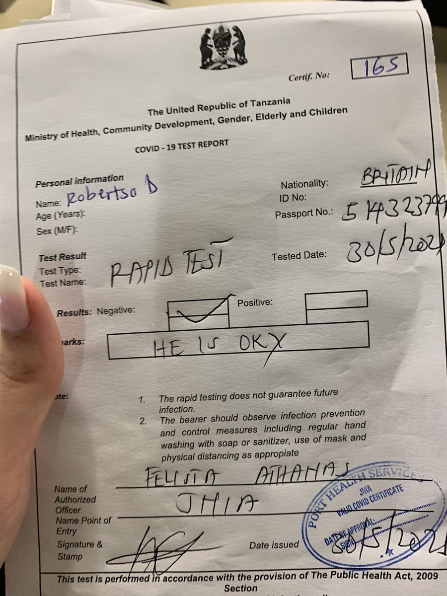 daniellelucy__'s tweet photo. The highlight of my 2021 was doing a covid test in Tanzania and my result saying “he is oky” 👌🏼 https://t.co/BZgYeFITv2