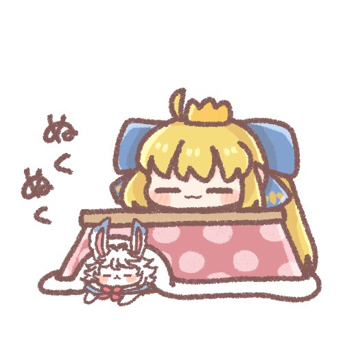 artoria pendragon (fate) ,fou (fate) 1girl blonde hair kotatsu crown table white background closed eyes  illustration images